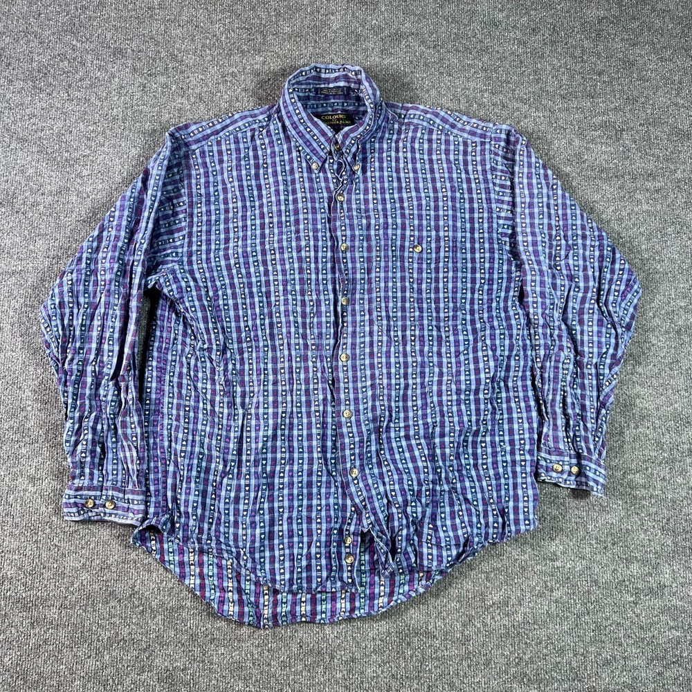 Colours by Alexander Julian Shirt Mens Large Blue Geometric Button Front Preppy